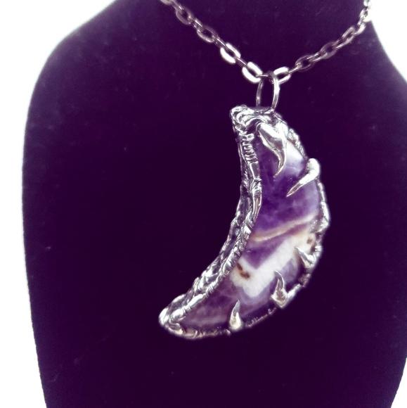 Chevron amethyst moon crystal necklace handmade gothic fantasy metalwork - Picture 3 of 16